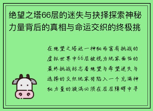 绝望之塔66层的迷失与抉择探索神秘力量背后的真相与命运交织的终极挑战