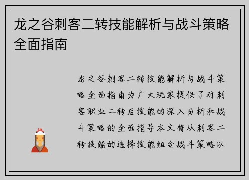 龙之谷刺客二转技能解析与战斗策略全面指南